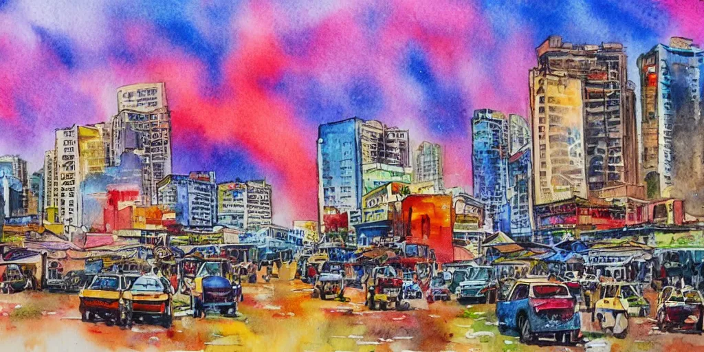 Image similar to a cinematic and dramatic colorful watercolor painting of nairobi city