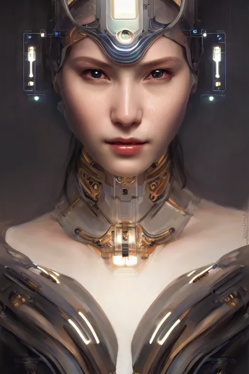 Image similar to Portrait of beautiful smiling Ultra realistic illustration, beautiful alluring female cyborg, cyberpunk, sci-fi, fantasy, intricate, elegant, highly detailed, digital painting, artstation, concept art, smooth, sharp focus, illustration, art by Yintion J , Jiang Geping and artgerm and greg rutkowski and alphonse mucha.