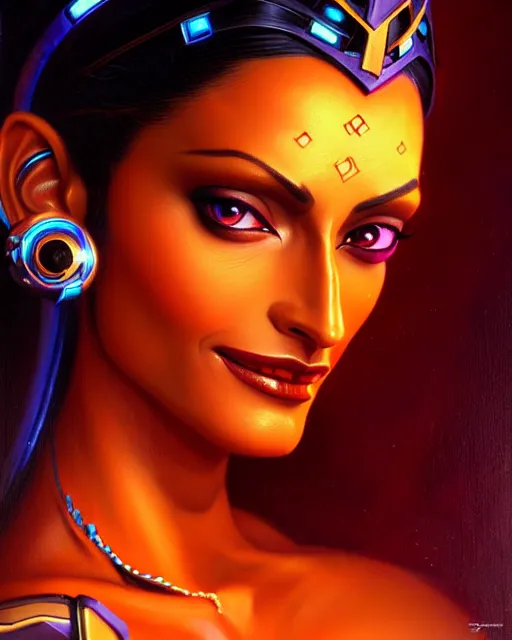 Image similar to symmetra from overwatch, bust, fantasy, fantasy art, fantasy, colorful, elegant, character portrait, portrait, close up, highly detailed, intricate detail, amazing detail, sharp focus, vintage fantasy art, vintage sci - fi art, radiant light, caustics, by boris vallejo