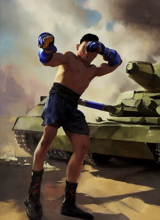 Prompt: greg manchess side portrait of a filipino mma fighter with a sword standing in front of a tank, organic painting, sunny day, matte painting, bold shapes, hard edges, street art, trending on artstation, by huang guangjian, gil elvgren, ruan jia, randy vargas, greg rutkowski