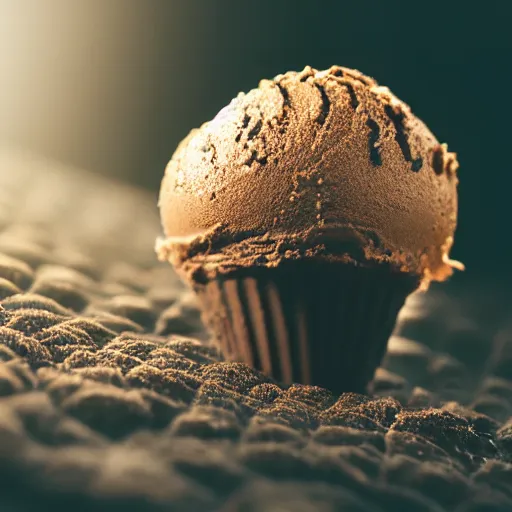 Prompt: detailed photograph of a levitating chocolate ice cream cone becoming a hairy brown recluse spider body at the bottom. dramatic, golden light. realistic photograph. delicious.