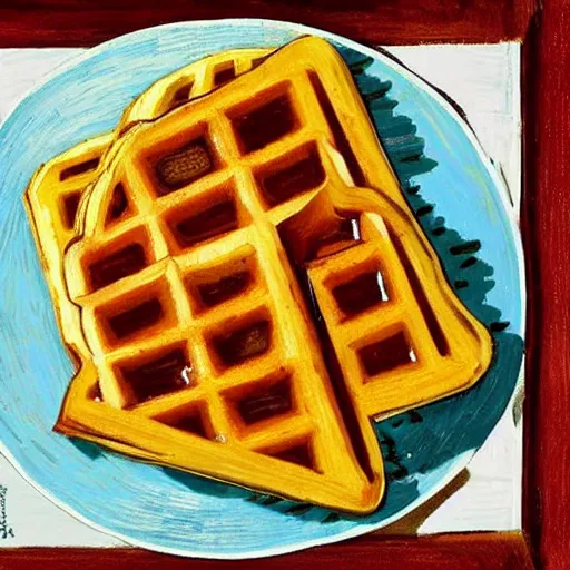 Prompt: an very delicious plate of waffles with maple syrup painted by Vincent van Gogh