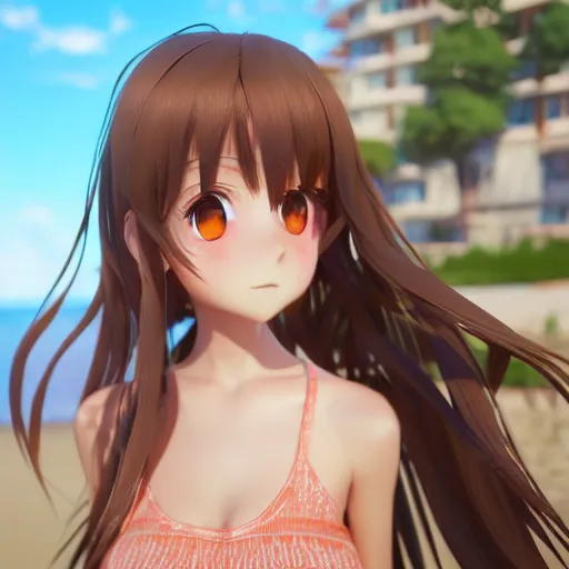 Image similar to Render of a beautiful 3d anime girl, long hair, hazel eyes, cute freckles, full round face, short smile, cute sundress, golden hour, serene beach setting, medium shot, mid-shot, highly detailed, trending on Artstation, Unreal Engine 4k