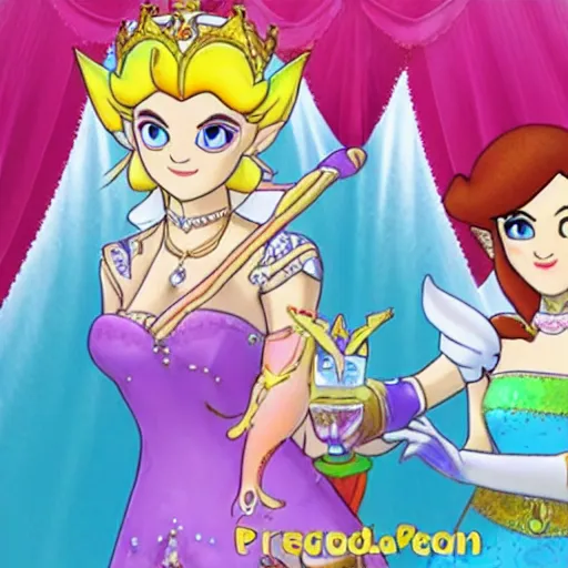 Prompt: photograph of the lesbian wedding of princess peach and zelda circa 2 0 1 8