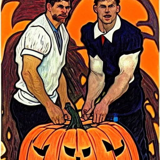 Image similar to painting of arkansas razorbacks players at the halloween jack o'lantern party, elegant, clear, painting, stylized, delicate, soft facial features, art, art by alphonse mucha, vincent van gogh, egon schiele