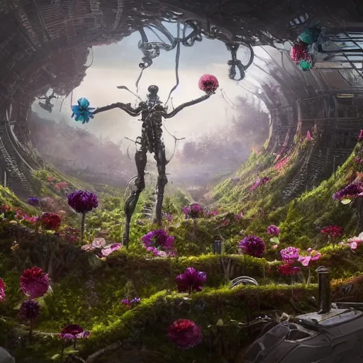 Image similar to intricate bio - mechanical flowers intertwined with human bio - mechanical organs, intricate environment, matte painting, cinematic, epic composition, highly detailed, atmospheric, wide angle, artstation trending