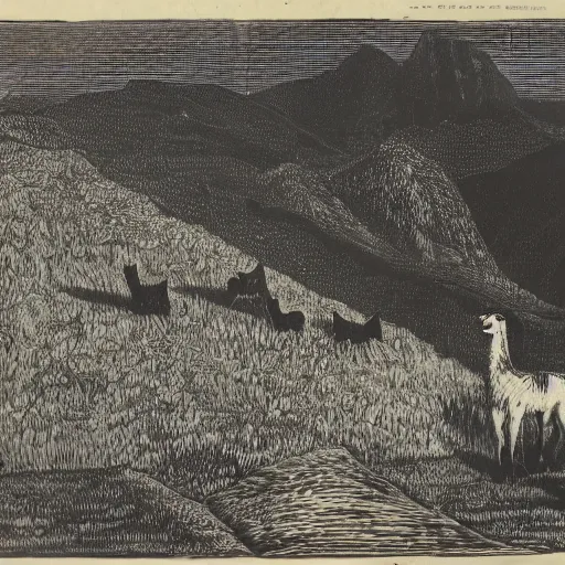 Prompt: 19th century woodcut, two black cats, llama, watching farmers in the distance, in the Andes