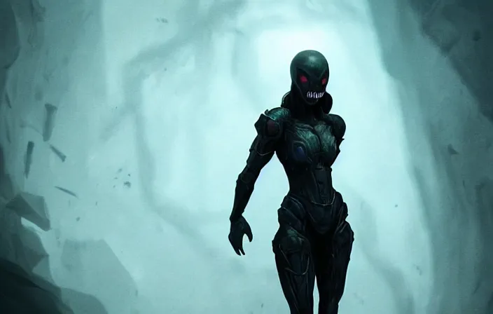 Prompt: creepy matte painting of an armored woman with spider legs in a dark cave, ( ( spiderwoman ) ), human arms, ultra detailed, monster, human face, glowing eyes, creature design, concept art, 8 k, moody lighting, muted colors, blue tone light, dramatic lighting realistically proportioned body, organic armor, arms out in a ready to attack pose