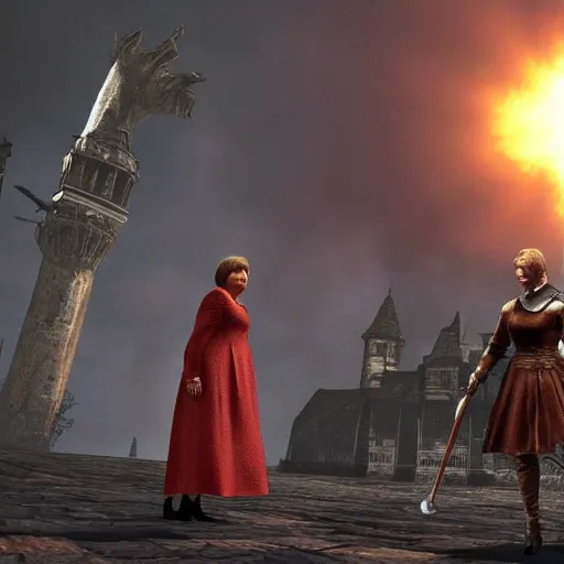 Prompt: Angela merkel praising the sun in Dark Souls, photo