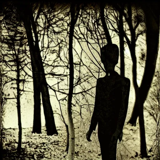 Image similar to a damaged image Slender man in the woods at night, old photography, creepy, vintage