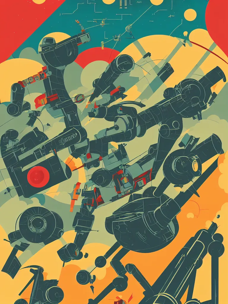 Prompt: tom whalen poster illustration of a large retro science fiction robot battle above city neighbourhood, vintage muted colors, some grungy markings