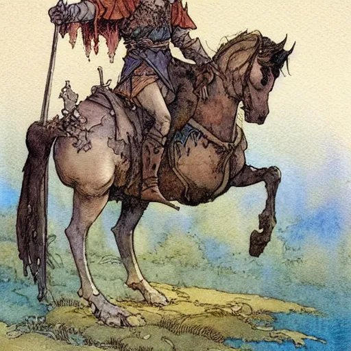 Prompt: a simple and atmospheric watercolour fantasy character concept art painting of a fairytale brave knight, very muted colors, by rebecca guay, michael kaluta, charles vess and jean moebius giraud