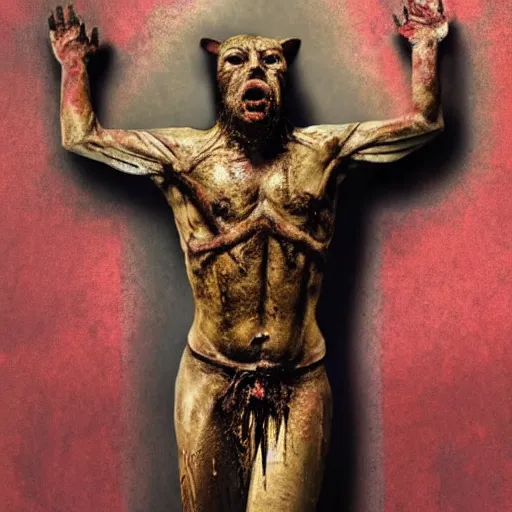 Image similar to a highly detailed realistic photographic render crucified bloody humanoid pig, bloody christ with the head of a pig, dead souls, religious sculpture, creepy, cinematic lighting, cinematic scene, Volumetric lighting, Atmospheric scene, Dark, Horror, Atmospheric lighting, Global illumination, realistic, photo realism, hyper realistic, hyper realism, photo realisitc, cinematic render, film, beautifully lit, ray traced, octane 3D render, octane render, unreal engine