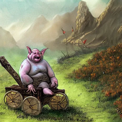 Prompt: painting of fat goblin riding down a hill in a rickety wooden cart holding a lance, fantasy art, magic : the gathering art, by diterlizzi