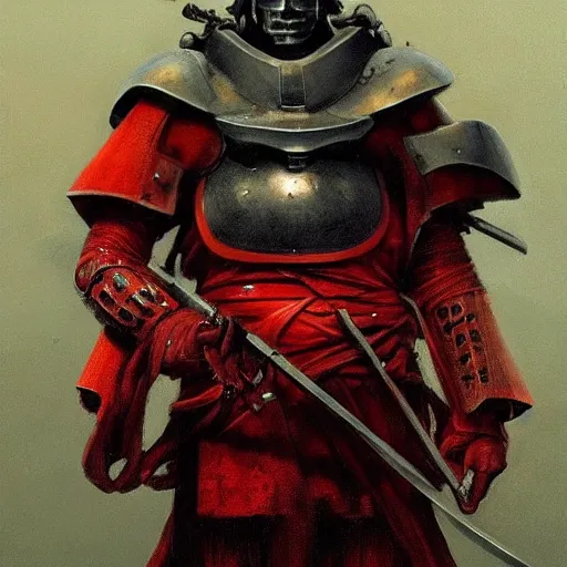 Prompt: the red samurai in armor, trending on artstation, 8 k, by gerard brom and zdzisław beksinski