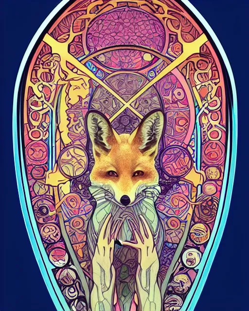 Image similar to fox carving art, cell shading, voronoi,fibonacci sequence, sacred geometry by Alphonse Mucha, Moebius, hiroshi yoshida, Art Nouveau, colorful, ultradetailed, 3d