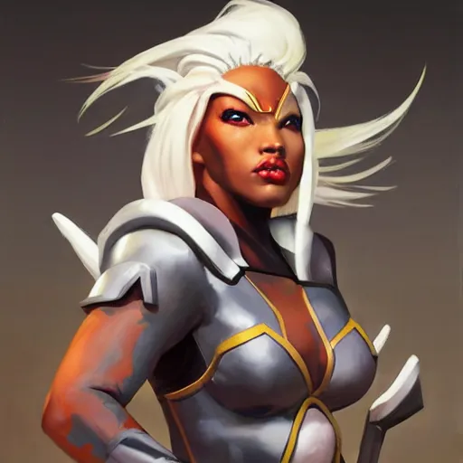 Image similar to greg manchess portrait painting of partially armored ororo munroe alias storm as overwatch character, medium shot, asymmetrical, profile picture, organic painting, sunny day, matte painting, bold shapes, hard edges, street art, trending on artstation, by huang guangjian and gil elvgren and sachin teng