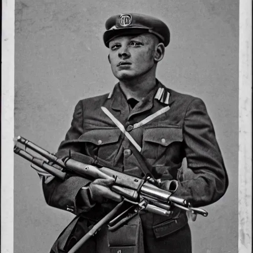 Image similar to A portrait of a man holding a mg42 machine gun in military attire. Black and white, grainy, hyper detailed.