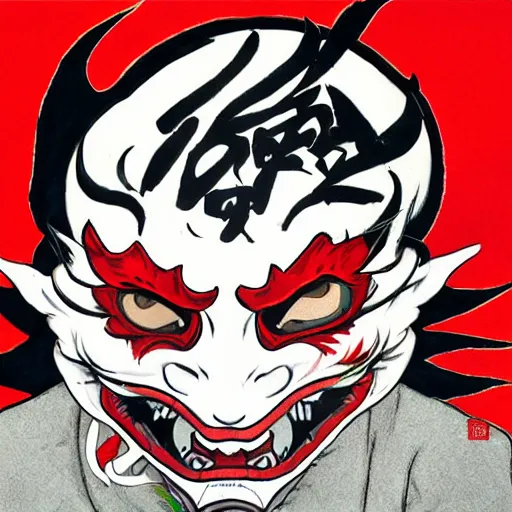 Image similar to A devious teen with a unique hannya mask by kim jung gi, lake in the background