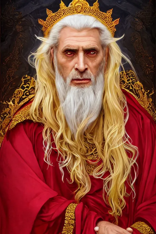 Image similar to Portrait of historically accurate, ancient biblical, sultry, sneering, evil, pagan, old kindah kingdom king, wearing gilded red royal robes, long white hair, intricate, elegant, highly detailed, digital painting, artstation, concept art, smooth, sharp focus, illustration, art by artgerm and greg rutkowski and alphonse mucha and andrei riabovitchev