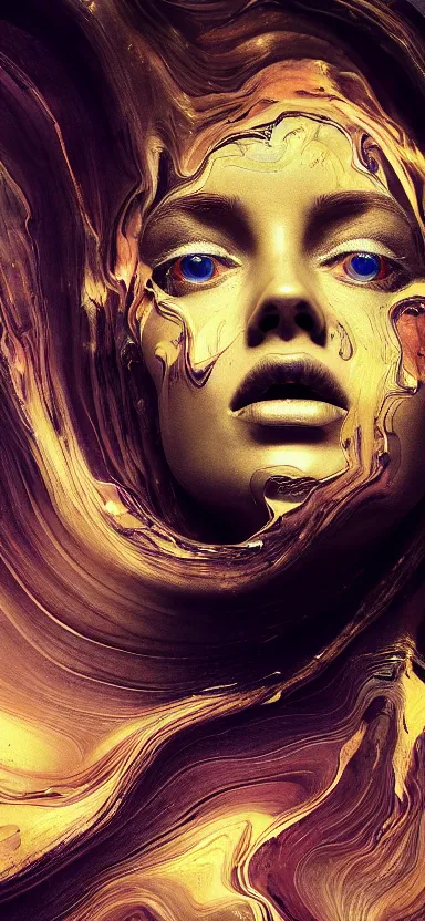 Image similar to epicillustration, abstract sculpture of beautiful female face and black swirling liquifying acrylic portrait, fluffy clouds, golden hour, beautiful light, 3 d sculpture of carving marble, dark colors, dark mood, one point lightning, golden spirals, epic matte painting, concept art, digital painting