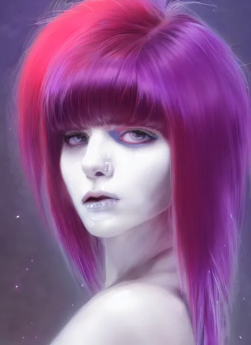 Image similar to hair whitebangs hair, white cyberlox, portrait of normal teenage girl, normal face, black bangs, messy bangs, fluffy bangs, cyberlox, whitebangs, red contact lenses, purple background, intricate, elegant, highly detailed, digital painting, artstation, concept art, sharp focus, smooth, illustration, art by wlop, mars ravelo and greg rutkowski