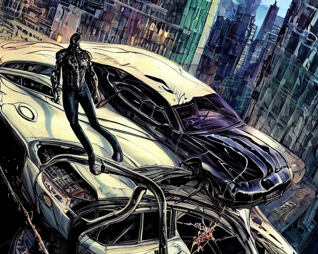 Prompt: Venom standing on top of a wrecked car in the city, open arms art by Clayton Crain and Gerardo Sandoval