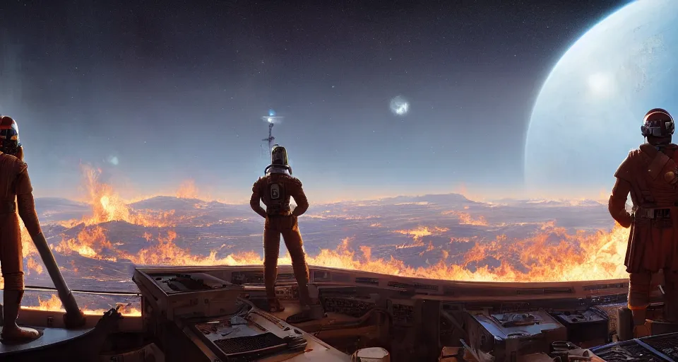 Image similar to roman caesar standing on the bridge of a space station looks out the window at a burning planet, realistic rendering, unreal engine, 4k, hdr, high dynamic range, f12, michael whelan, simon stalenhag, high tech, star wars cavern interior