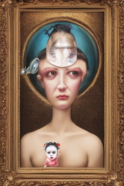 Prompt: a woman wearing a n oculus through her head to catch a trash Mark Ryden and Alex Gross, Todd Schorr highly detailed