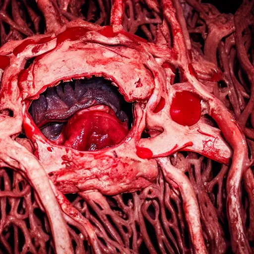 Prompt: a red gory hostile structure of intertwined decaying muscles, eyes, sharp teeth, and intestines lying in a pool of clotting blood, slowly engulfing its surroundings with twitching veins and bloody intestines, dark hazy room, a high-quality photo, hyperrealistic, vibrant colors