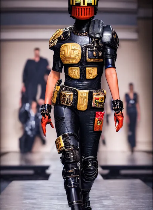 Image similar to hyperrealistic and heavy detailed versace runway show of judge dredd, leica sl 2 5 0 mm, vivid color, high quality, high textured, real life