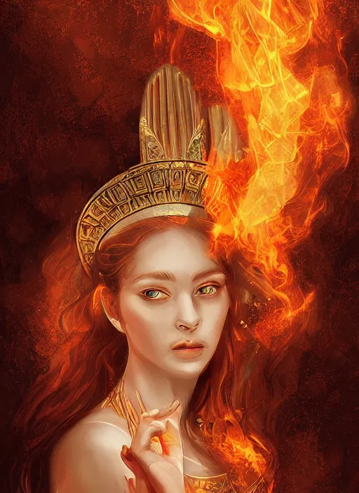 Prompt: Portrait of a beautiful priestess from the oracle of Delphi, looking into the flames, greek mythology, lecherous pose, in the style of Julia Ustinovich, digital art