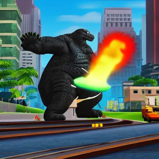 Image similar to Godzilla as a playable character in Subway Surfers, in-game screenshot