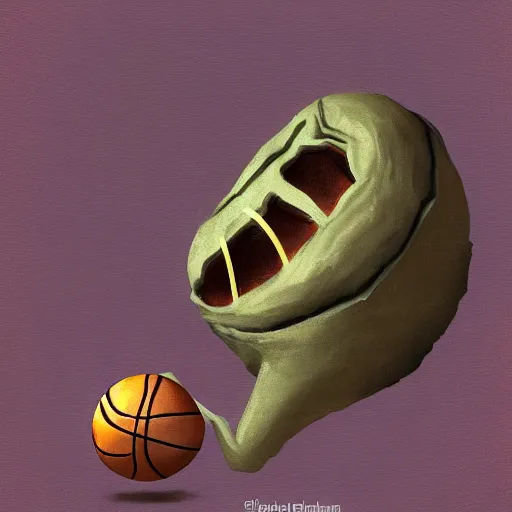 Image similar to a mimic jumping out of it's disguise as a basketball inside of a cave gnarling it's teeth ready to attack, fantasy, digital painting