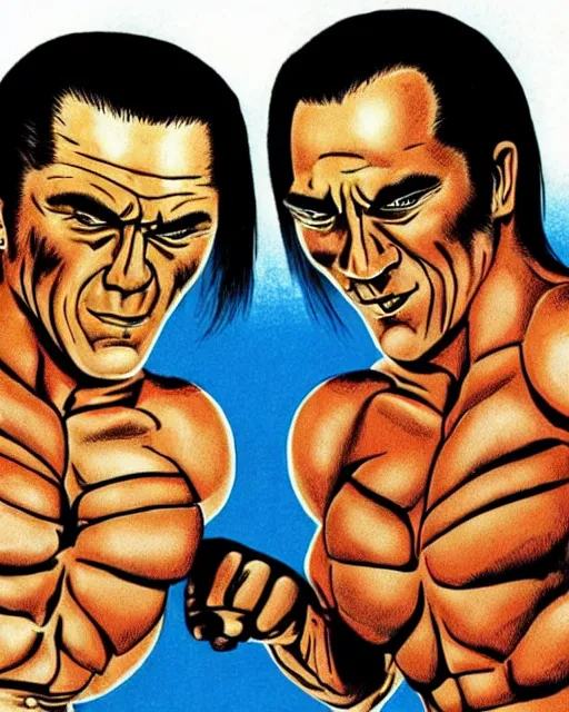Image similar to incredible realistic antonio inoki vs ric flair, ( hyperreal detailed facial features and uv lighting, art by ed roth and basil wolverton )