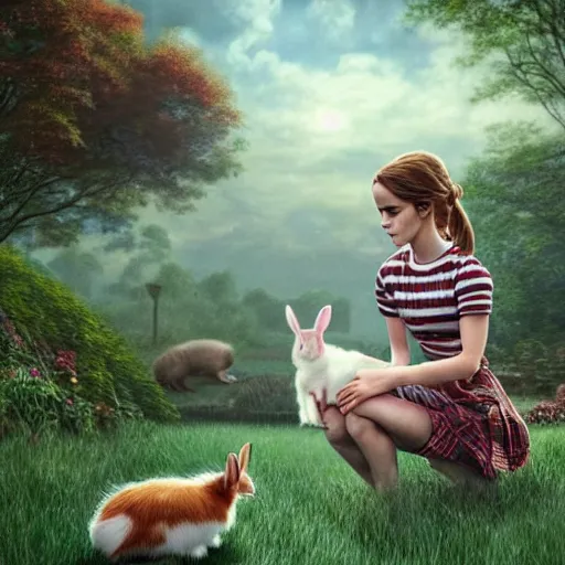 Prompt: a photorealistic detailed cinematic image of a emma watson in striped tshirt and plaid skirt thinking about her dead pet rabbit. emotional, compelling, by pinterest, david a. hardy, kinkade, lisa frank, artgerm, range murata, salvador dali, wpa, public works mural, socialist