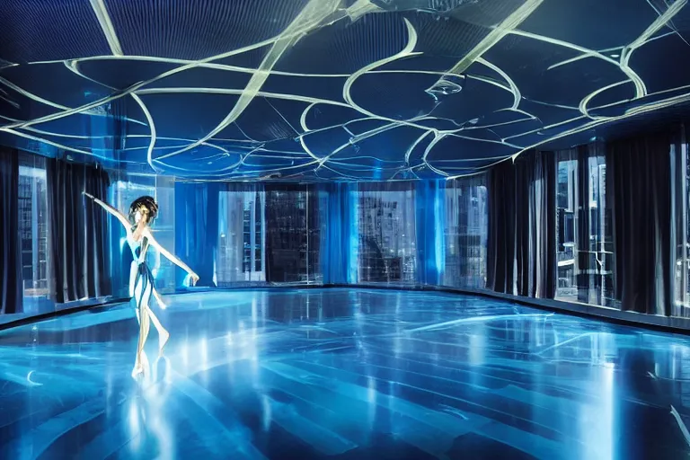 Prompt: vfx movie scene beautiful blue skin alien woman dancing in sleek futuristic decadent spaceship ballroom. giant windows view of earth obit. by emmanuel lubezki