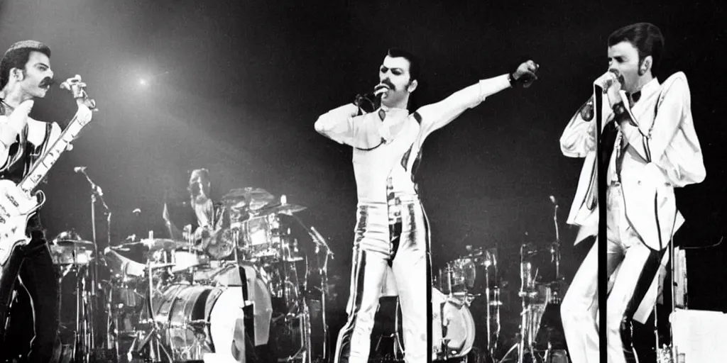 Prompt: freddie mercury and david bowie perform together on stage at a music festival