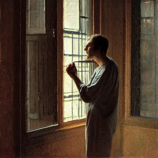 Image similar to person in pyjamas standing near window, sun rays, daylight, french door window, 2 4 mm, anamorph lenses, photorealistic, high ceiling, painting by thomas eakins