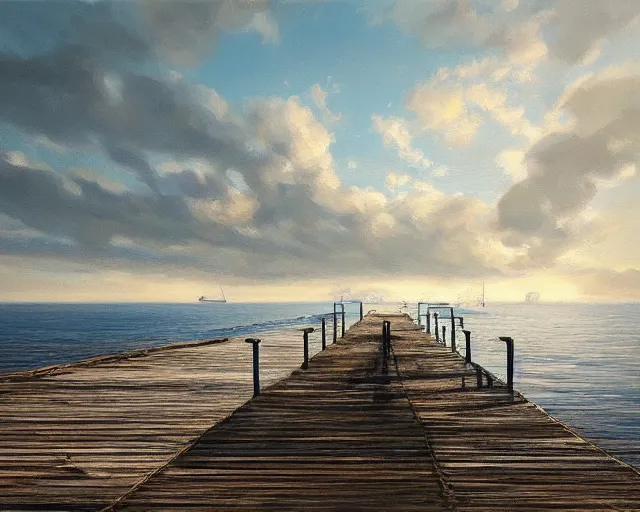 Image similar to fine art painting of a long wooden dock overlooking a tranquil blue sea, artstation, cgsociety, very detailed, intricate, masterpiece