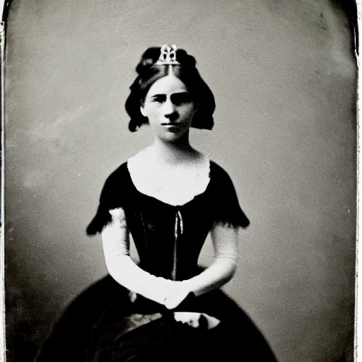 Prompt: clear photography of a beautiful princess sitting down, circa 1 8 6 3