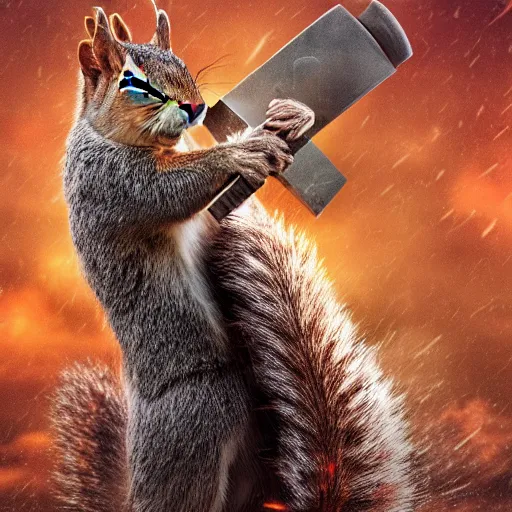 Image similar to the squirrel thor ~ holding his hammer ~ dramatic thunder background ~ trending ~