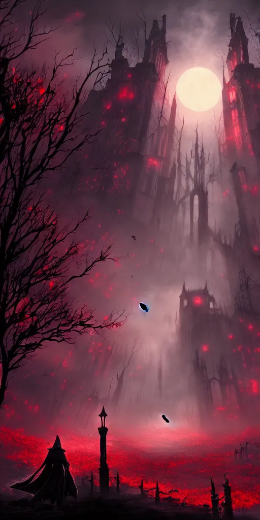 Image similar to abandoned bloodborne old valley with a person at the centre and a ruined city at the end, trees and stars in the background, falling red petals, epic red - orange moonlight, perfect lightning, illustration by niko delort and kentaro miura, 4 k, ultra realistic