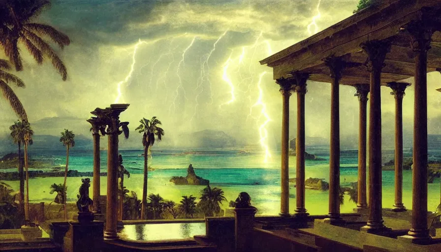 Image similar to Palace of the occult, mediterranean balustrade and columns, refracted sparkles, thunderstorm, greek pool, beach and Tropical vegetation on the background major arcana sky and occult symbols, by paul delaroche, hyperrealistic 4k uhd, award-winning, very detailed paradise