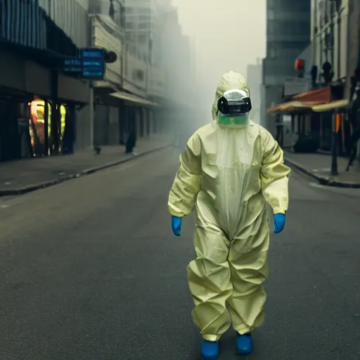 Prompt: a photo of a female wearing a hazmat suit with a reflective face visor, on her back is a small plant encased in a clear glass backpack, walking away from the camera, smoke in the background, filthy streets, broken cars. Vines growing. Jpeg artifacts. Full-color photo. Color color color color. OM system 12–40mm PRO II 40mm, 1/100 sec, f/2 8, ISO 800