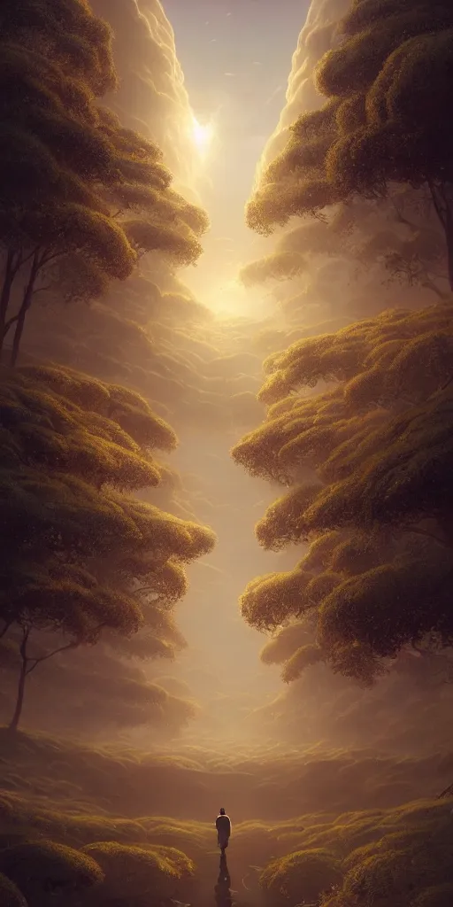 Image similar to symmetry!! surreal landscape of a dream, lucid dream, people, very detailed, serene, peaceful, golden hour, perfect lighting, perfect composition, digital art, illustration, artstation, artgerm, derek zabrocki, greg rutkowski, 4 k