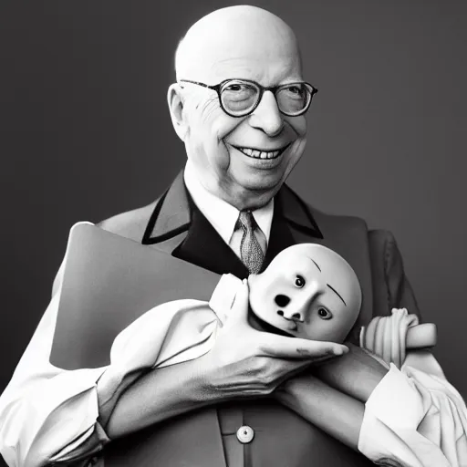 Image similar to UHD candid color photo of Klaus Schwab wearing Nazi uniform holding a ventriloquist dummy Joe Biden, accurate faces, UHD, photorealistic, correct face, photo by Annie Leibowitz