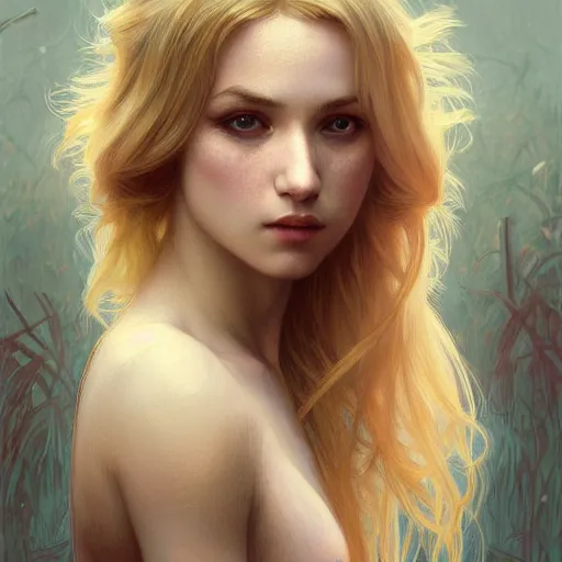 Image similar to portrait of a young blonde alternative girl with a parrot, upper body, long hair, intricate, elegant, highly detailed, digital painting, artstation, concept art, matte, sharp focus, illustration, art by artgerm and greg rutkowski and alphonse mucha