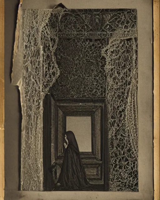 Image similar to a woman standing in a doorway, made of intricate decorative lace leaf skeleton, in the style of the dutch masters and gregory crewdson, dark and moody