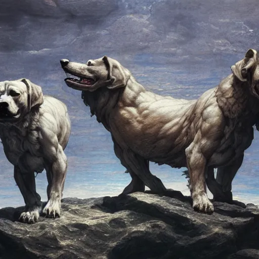 Image similar to hyperdetailed matte art of a three headed dog cerberus by william blake, greg rutkowski, amano, rene magritte, craig mullins, three headed dog cerberus, details